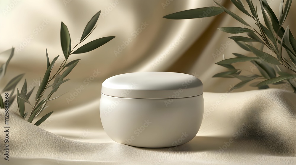 A white container with a green leaf A white container with a green leaf