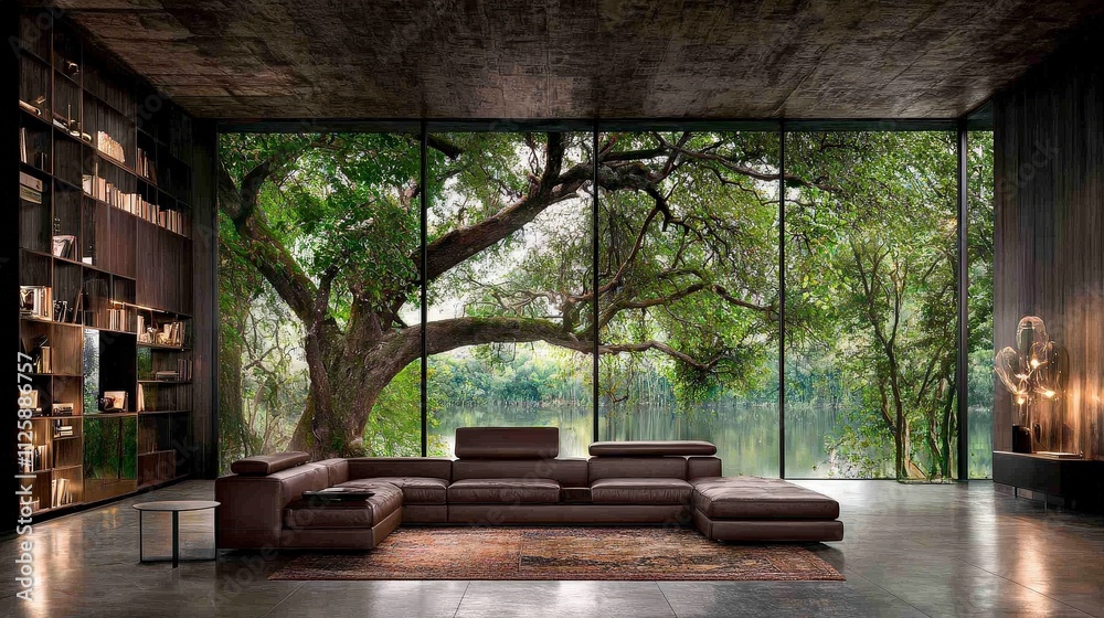 Modern Luxury Living Room Leather Sofa Large Windows Nature View Tree Lake Modern Luxury Living Room Leather Sofa Large Windows Nature View Tree Lake