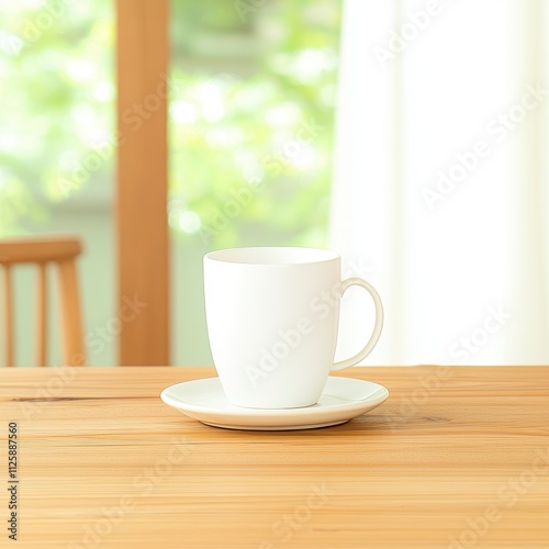 A simple white cup on a saucer, set on a wooden table with soft lighting.