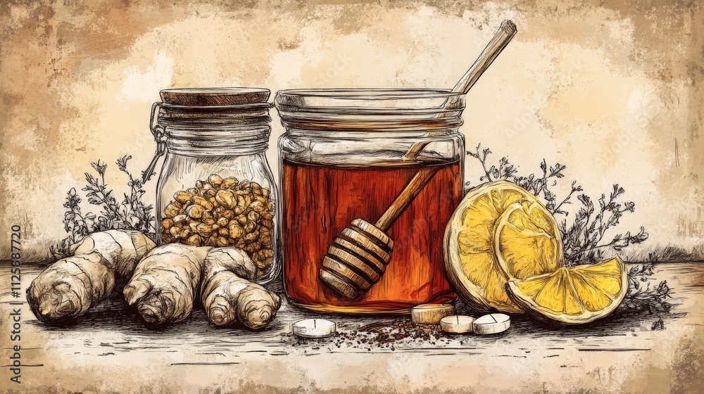 Natural Honey and Ginger Supplements in Rustic Kitchen Natural Honey and Ginger Supplements in Rustic Kitchen