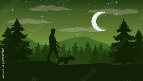 A Man and His Dog Walking at Night - Beautiful 2D Landscape Silhouette Wallpaper