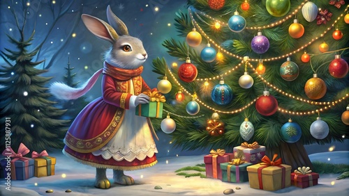 rabbit in beautiful dress decorating Christmas tree with gift box at night in Xmas season