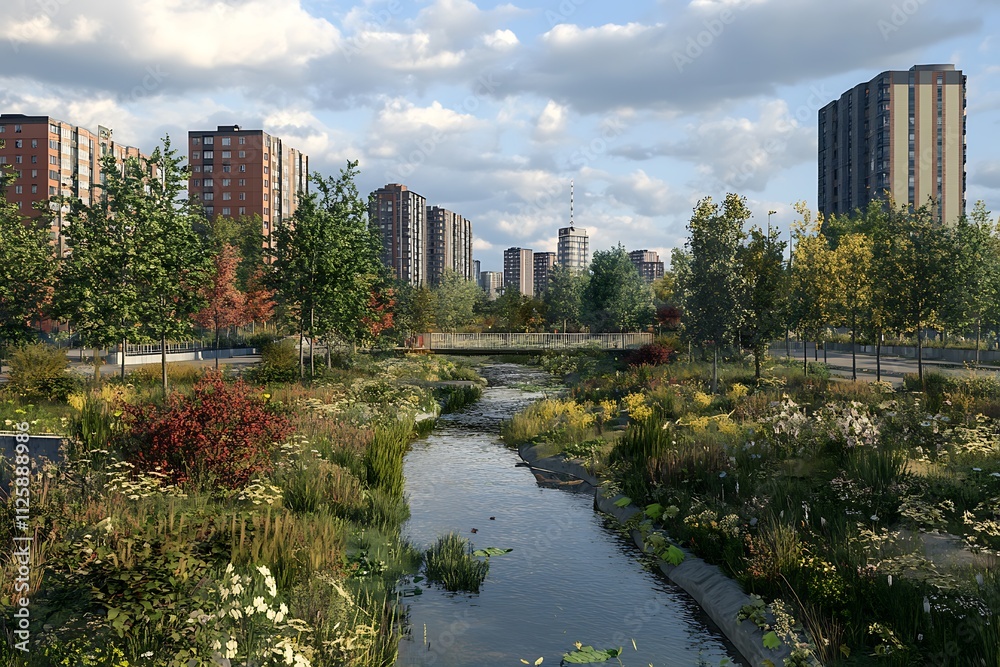 Naklejka premium Urban landscape featuring a serene river, greenery, and modern buildings under a cloudy sky.