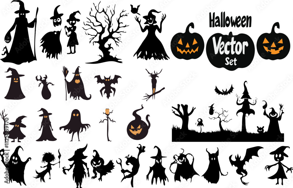 A collection of vector silhouettes featuring classic Halloween characters and elements like witches, ghosts, pumpkins, and spooky trees, perfect for creating spooky designs and illustrations. A collection of vector silhouettes featuring classic Halloween characters and elements like witches, ghosts, pumpkins, and spooky trees, perfect for creating spooky designs and illustrations.