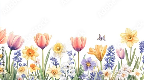 A vibrant illustration of various flowers in bloom against a white background.