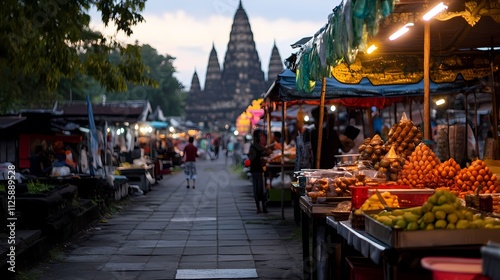 Evening market scene with ancient temple backdrop. photo