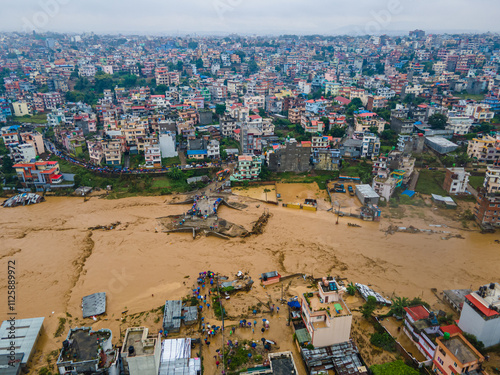 Drone view of the Nakhu River flooded in Lalitpur, Nepal.. photo