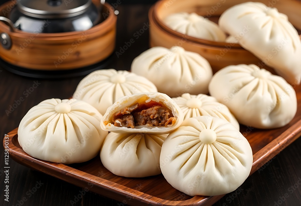 Steamed Buns With Meat Filling On A Table, One Cut In Half To Reveal The Interior, With A Chinese-style Background, Food Photography, Food Menu Style Photo Image Steamed Buns With Meat Filling On A Table, One Cut In Half To Reveal The Interior, With A Chinese-style Background, Food Photography, Food Menu Style Photo Image