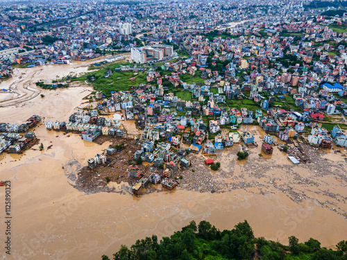 Drone view of the Nakhu River flooded in Lalitpur, Nepal..