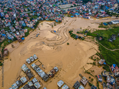 Drone view of the Nakhu River flooded in Lalitpur, Nepal.. photo