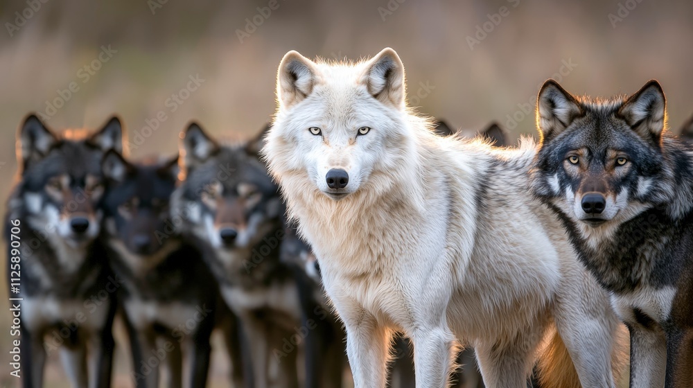 Fototapeta premium Majestic White Wolf Leading Black Wolf Pack Wildlife Nature Photography