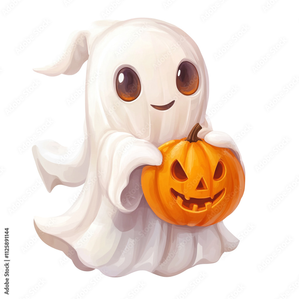 Fototapeta premium Adorable Boo Holding a Jack-o'-lantern: A Cute Halloween Treat