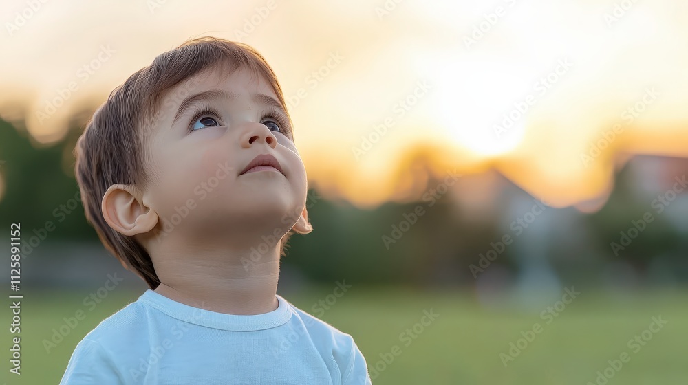 Toddler Child Looking Up at Sunset Hope Dream Innocence Toddler Child Looking Up at Sunset Hope Dream Innocence