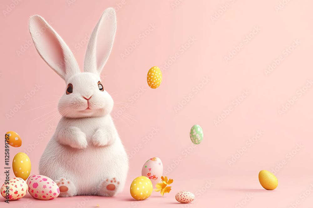 Obraz premium Charming white easter bunny amidst vibrant decorated eggs against a soft pink backdrop, setting a joyous easter atmosphere