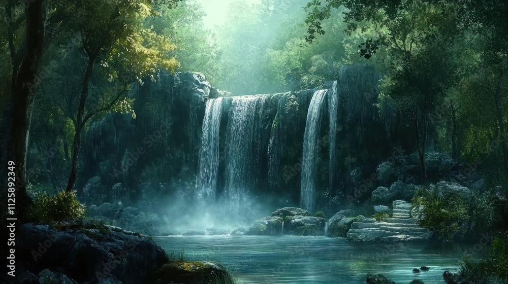 Enchanted Waterfall in a Lush Green Forest: A Serene Oasis Enchanted Waterfall in a Lush Green Forest: A Serene Oasis