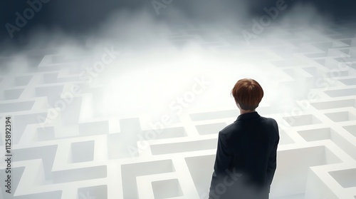 businessman stands facing a complex maze pattern, symbolizing challenges and decision-making in professional life.