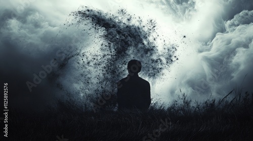 Silhouette of man sitting with abstract stormy clouds. A surreal image for hope, sadness, and loss.