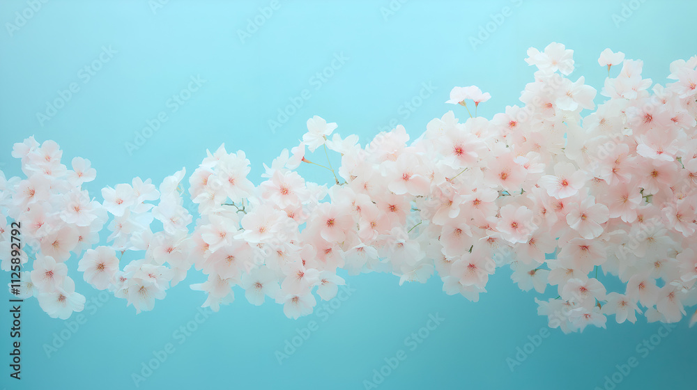 Abstract cherry blossoms in a cascading arrangement, pale pink and white petals swirling on a gradient background of sky blue, high definition background, mock up wallpaper