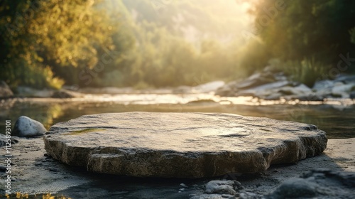 Wallpaper Mural Beautiful riverbed scene with a flat stone podium, ideal for product display, sunlight casting a soft glow over the natural setup Torontodigital.ca