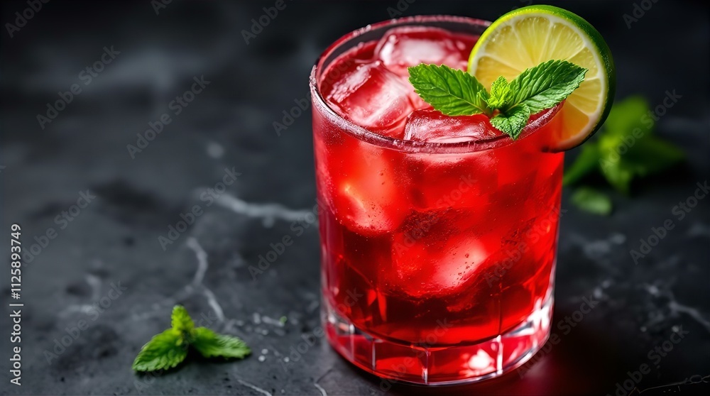 Refreshing Red Cocktail with Lime and Mint: A Close-Up View of an Iced Summer Drink Refreshing Red Cocktail with Lime and Mint: A Close-Up View of an Iced Summer Drink