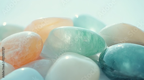 Close-up of assorted smooth, colorful stones against white, highlighting their natural beauty photo