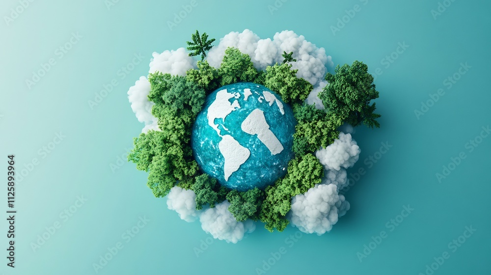 Net Zero and Carbon Neutral Concept with Planet Earth Surrounded by Leaves and Clouds