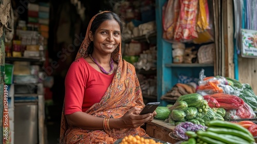 A smiling woman in traditional attire sits at a vibrant market stall, showcasing fresh vegetables and fruits while using a smartphone. photo