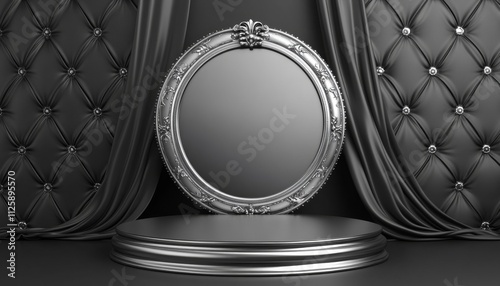 Silver black metalic ceremony award stage venue background. 3d stage background. Elegant venue concept.
