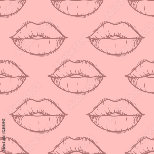 Seamless pattern with doodle lips. Hand drawn female lips isolated on pink background. 