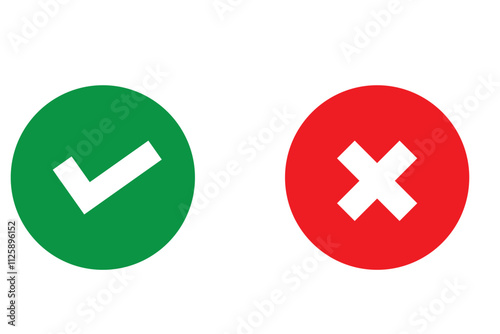 Checkmark icons tick and cross sign green check mark and red x cross on white background. Circle shape yes correct and no wrong button vector illustration graphic
