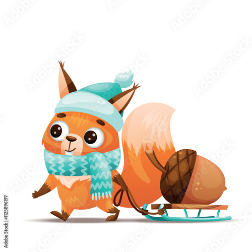 A cute squirrel in winter gear joyfully pulls a sled filled with an acorn, evoking festive seasonal themes
