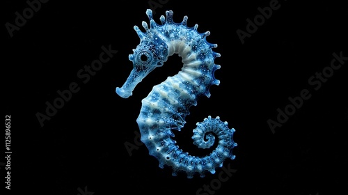 An image made using only the same shade of blue of a seahorse against a black background. The delicate curves and curled tail of the seahorse float in the dark ocean