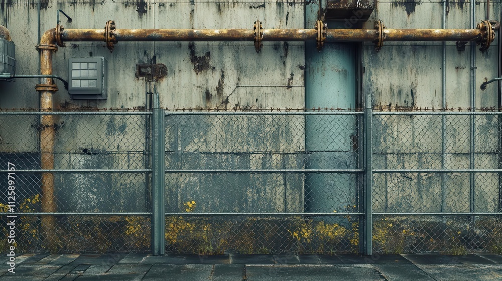 An industrial setting featuring a weathered wall, pipes, and a chain-link fence with plants. An industrial setting featuring a weathered wall, pipes, and a chain-link fence with plants.