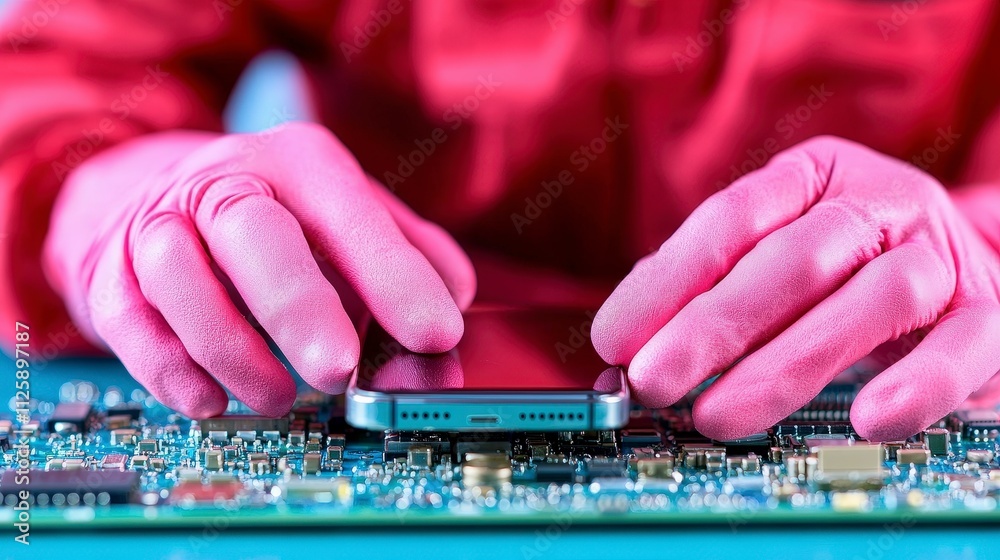 Smartphone Repair Technician Hands in Pink Gloves on Circuit Board Smartphone Repair Technician Hands in Pink Gloves on Circuit Board