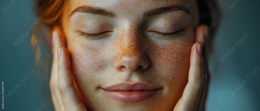 close-up of a serene woman with freckles and soft skin close-up of a serene woman with freckles and soft skin