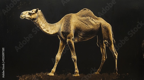 An image made using only the same shade of sandy brown of a camel against a black background. The camelâ€™s tall, humped figure moves steadily through the dark desert.