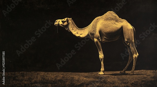 An image made using only the same shade of sandy brown of a camel against a black background. The camelâ€™s tall, humped figure moves steadily through the dark desert.