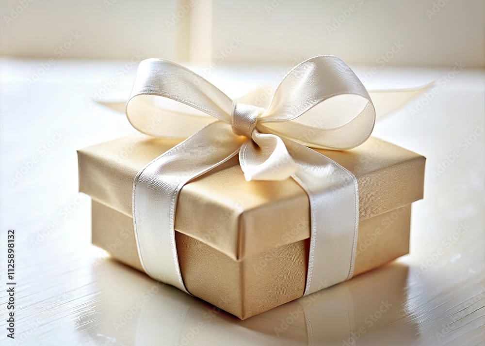 Macro Beige Gift Box with White Ribbon Bow - Closeup Photography, High-Resolution Image, Product Photography, Gift Packaging, Luxury Gift, Elegant Present Macro Beige Gift Box with White Ribbon Bow - Closeup Photography, High-Resolution Image, Product Photography, Gift Packaging, Luxury Gift, Elegant Present