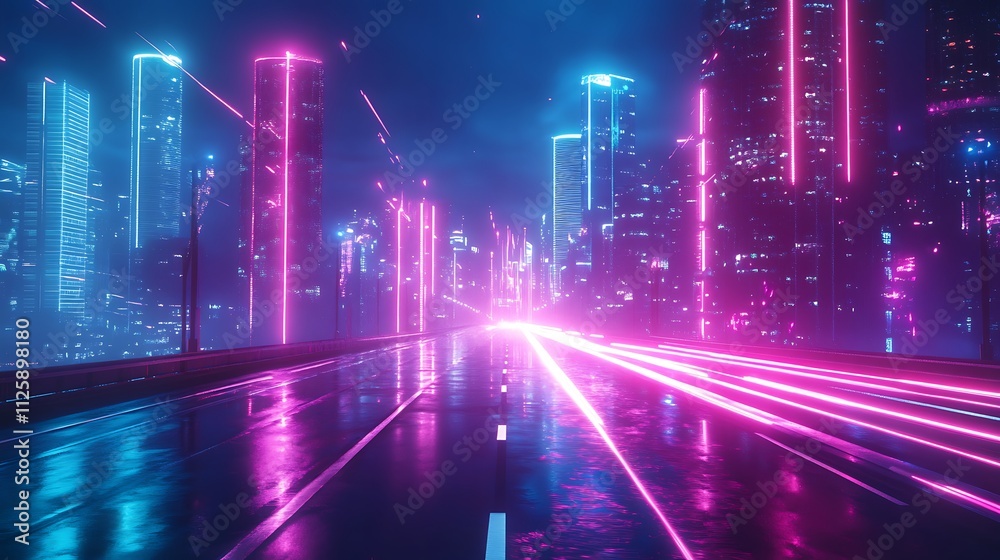 A vibrant, futuristic cityscape with neon lights reflecting on a wet road. A vibrant, futuristic cityscape with neon lights reflecting on a wet road.