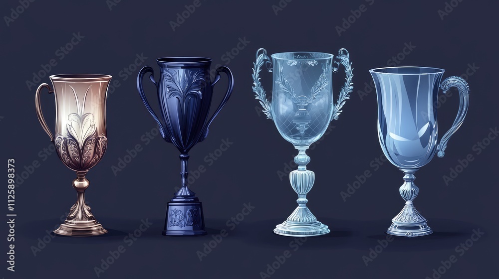 Vector illustration of sport trophies in glass and metal, with smooth textures, curved handles, and distinctive designs Vector illustration of sport trophies in glass and metal, with smooth textures, curved handles, and distinctive designs