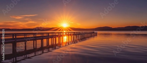 serene sunset over calm waters with pier