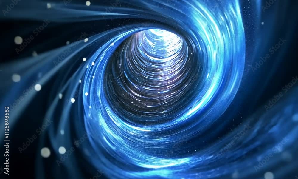 A swirling blue vortex tunnel of light and stars, leading to a bright center.