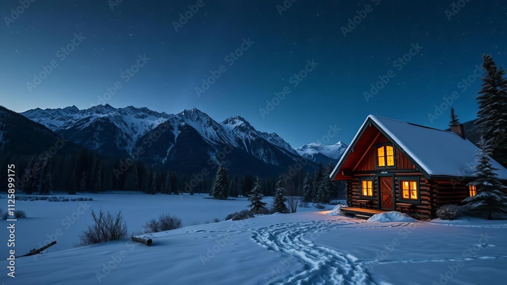 Fototapeta premium Winter wonderland with cozy wooden cabin nestled in snowy mountains under vibrant northern lights in starry night sky, cabin, vacation
