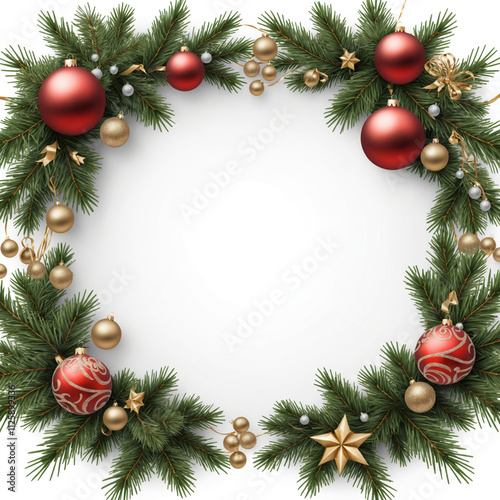 christmas frame with christmas tree branches and balls on white background