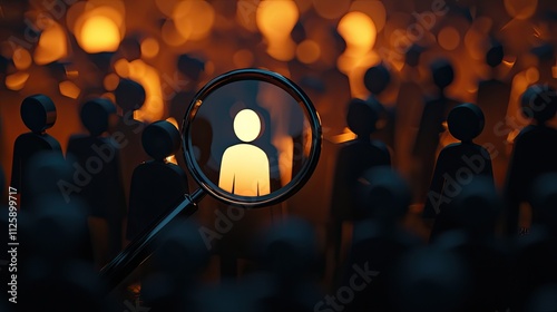 With a magnifying glass highlighting a manager icon among staff icons, the image represents human resource management focused on recruitment, leadership, and staff develo photo