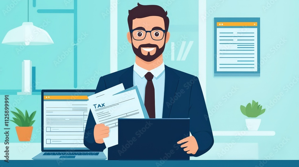 Tax Submit & Finance Submission concept. A cheerful man in a suit holds tax documents in an office, featuring a laptop and plants, embodying a professional and organized workspace.