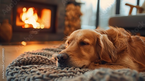 Golden Retriever Sleeping Peacefully by a Cozy Fireplace on a Knit Blanket