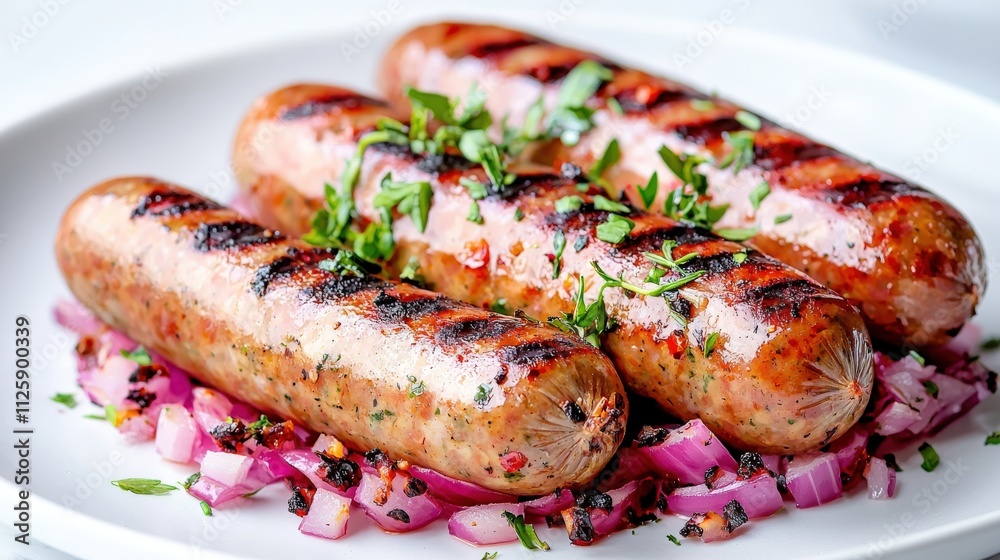Four grilled sausages on a white plate with red onions and herbs. Four grilled sausages on a white plate with red onions and herbs.