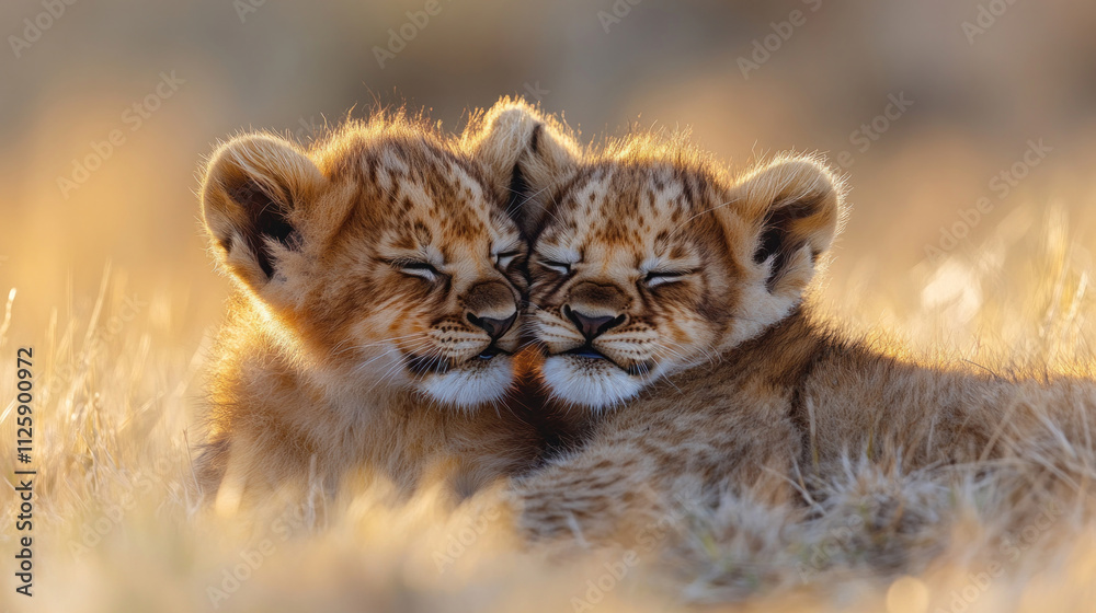 Obraz premium A lion cub biting its sibling ear playfully while lying in the golden savanna grass