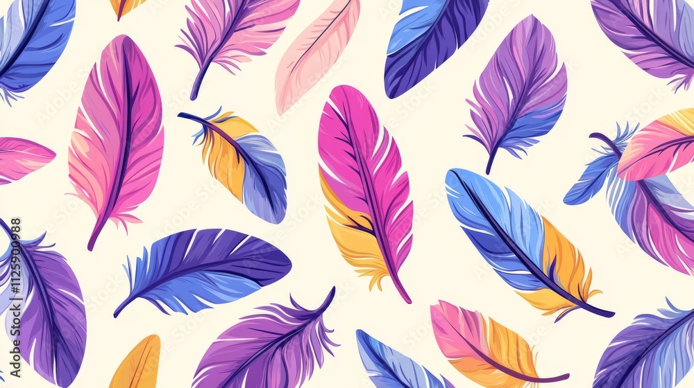 20.Playful vector pattern of bird feathers, with a color scheme of purple, pink, yellow, and blue; each feather is rendered in a flat style with smooth, seamless transitions, creating a cheerful, 20.Playful vector pattern of bird feathers, with a color scheme of purple, pink, yellow, and blue; each feather is rendered in a flat style with smooth, seamless transitions, creating a cheerful,